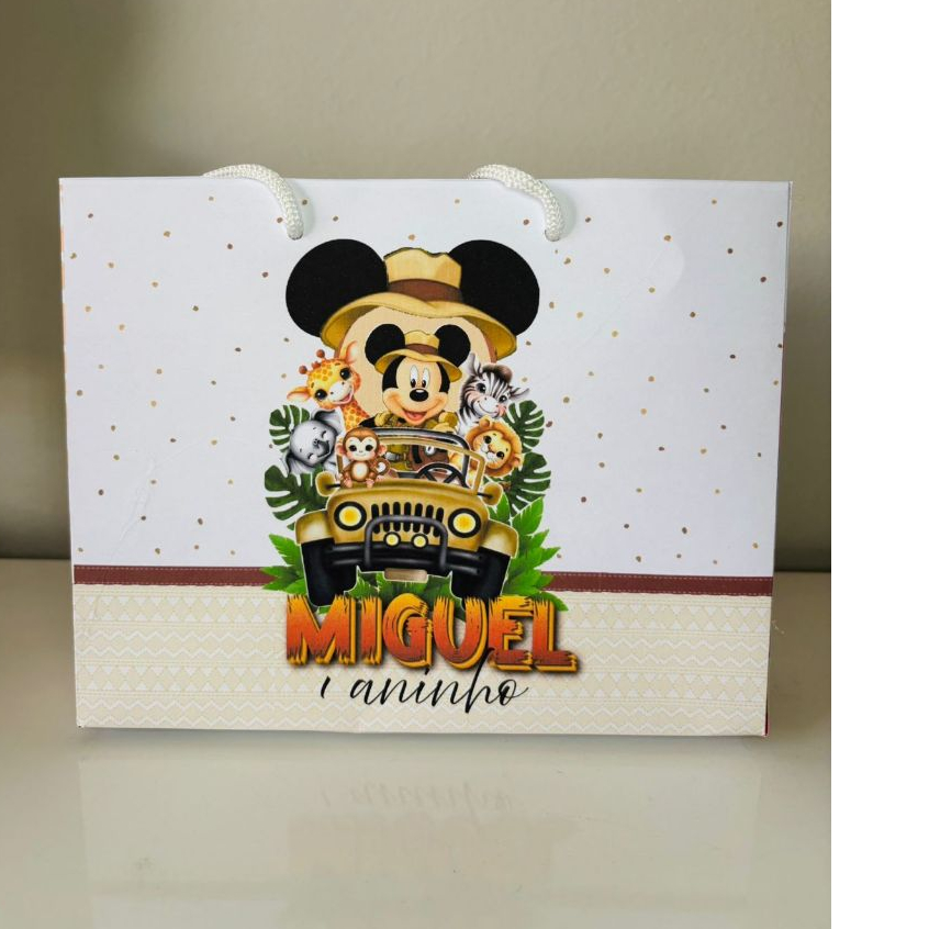 Sacolinhas personalizadas PEGUE E MONTE Mickey Safari Tamanho M lembrancinha aniversário infantil