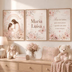 Kit 3 Quadros Infantil Menina Personalizado Nome Jesus Quarto Bebê Decorativo Floral Delicado