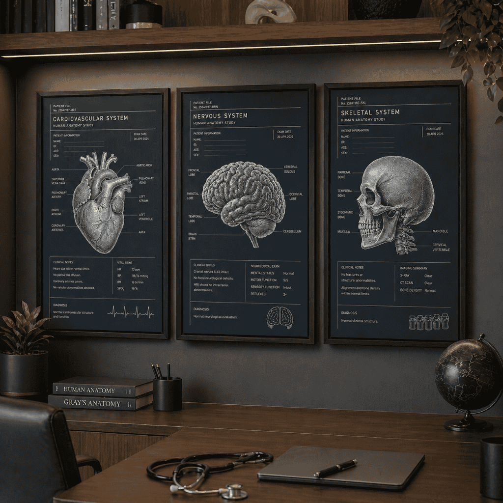 Kit 3 Quadros Decorativos Anatomia Humana Médico Coração Cérebro Crânio Consultório Decoração