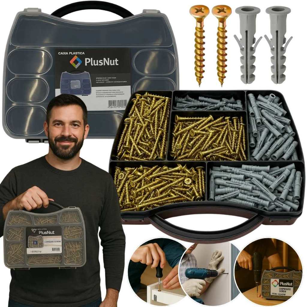 Kit Parafusos E Buchas C/anel 1.000 Peças C/ Maleta Chipboard P/ Madeira Marceneiro Montador