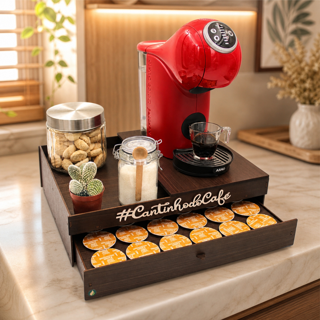 Porta Cápsulas Dolce Gusto, 3 Corações, Nespresso - MDF - Organizador com Gaveta - Cantinho do Café