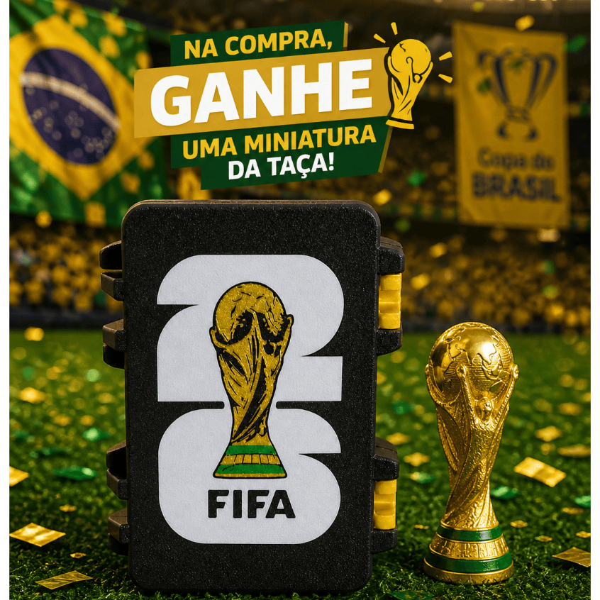 Porta Figurinhas Copa do Mundo 2026 + Taça da Copa - Caixa Figurinha Organizador de Cards Futebol
