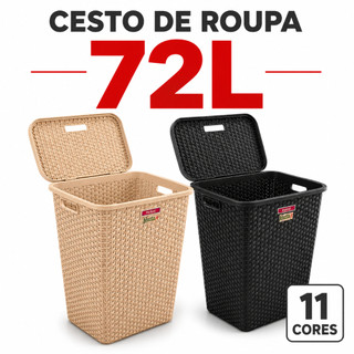Cesto Roupa Suja 72L Rattan Grande com Tampa Organizador Lavanderia Banheiro Quarto Plást…