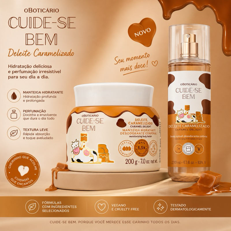 Body Splash Desodorante Colônia Cuide-se Bem Deleite Caramelizado+Manteiga hidratante