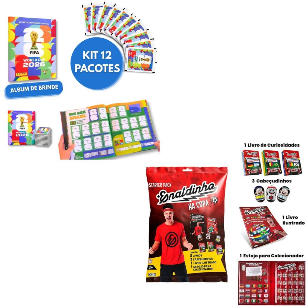 Álbum da Copa do Mundo 2026 + Starter Pack Enaldinho na Copa | 12 Envelopes + 3 Cabeçudinhos | Pixel - Panini