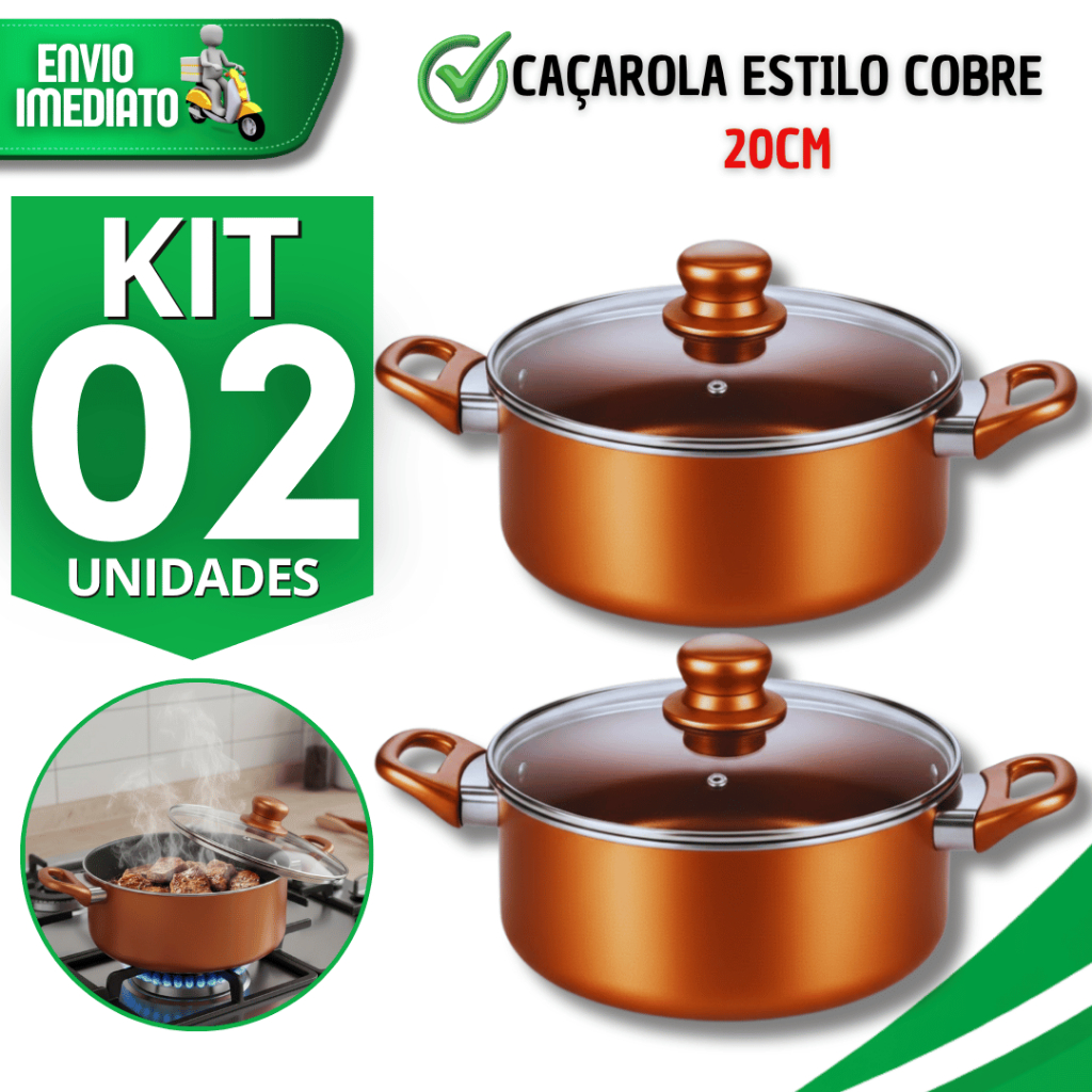 Kit Caçarola Estilo Cobre 20Cm Antiaderente Tampa  Vidro Panela Multiuso Não Gruda Utilidades