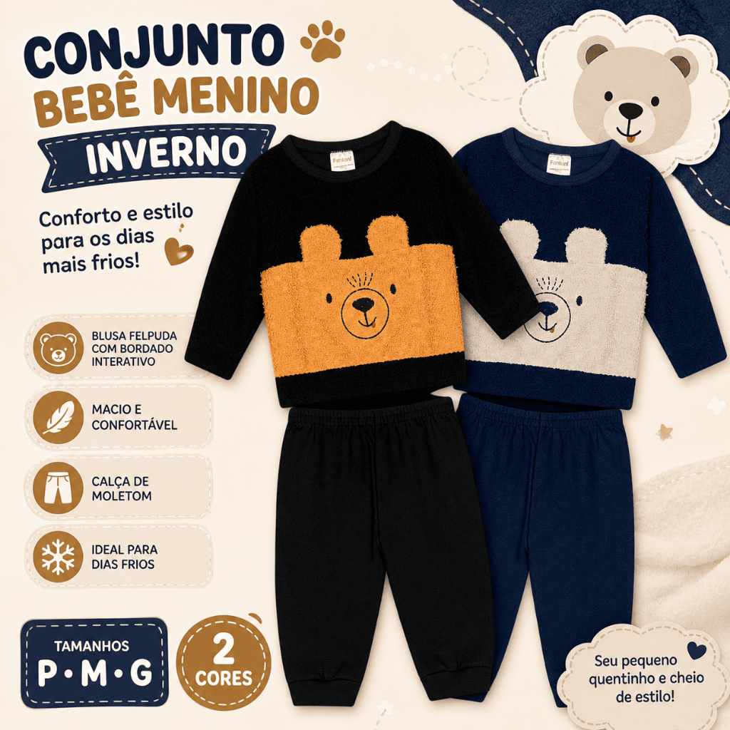 Conjunto Bebê Menino Inverno Ursinho Felpudo Calça Moletom