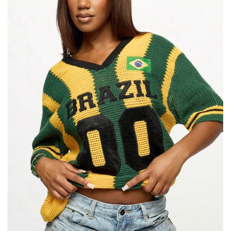 Blusa do Brasil Crochê Camisa Copa do Mundo Seleção Brasileira Bordada Oversized PP ao Plus Size Verde Amarelo COP03