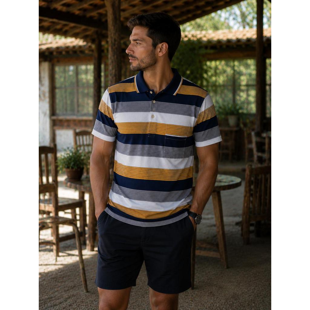 Blusa Polo Masculina de Algodão Importada, Listrada, com Bolso Frontal e Botões, Manga Curta, Modelagem Conforto, Toque