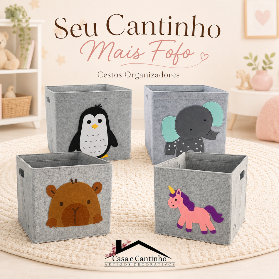 Cesta Infantil Organizador Feltro Decorativo Multiuso para Quarto Infantil e Bebê Roupa