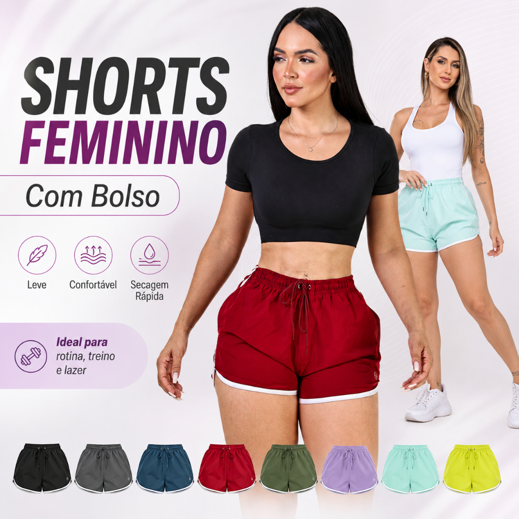 Shorts Feminino Com Bolso Microfibra Tactel Secagem Rápida Leve Academia Praia Dia a Dia