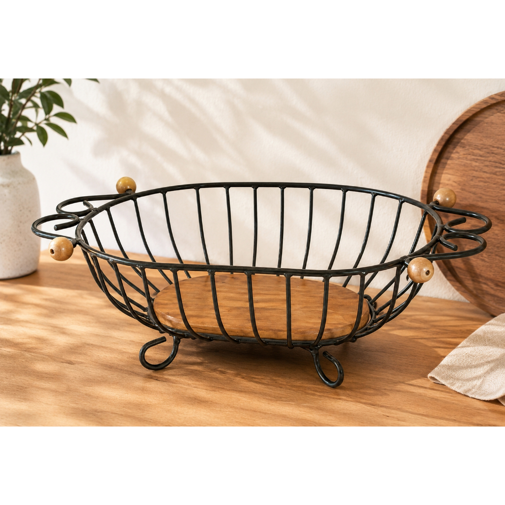 Fruteira Oval de Madeira Artesanal Rústica Grande 49cm Mesa Cozinha Decoração Sítio Chácara Organizador de Frutas