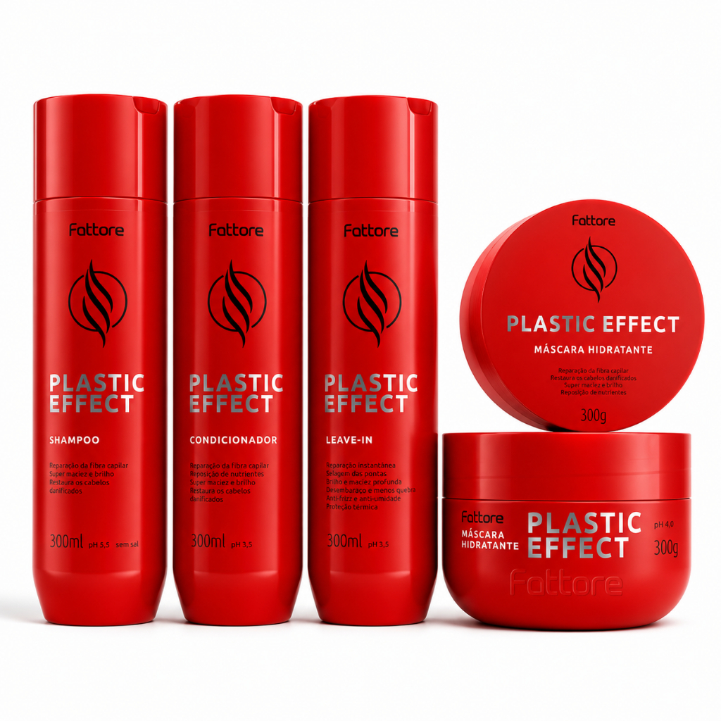 Kit Completo Plastic Effect Fattore – Shampoo, Condicionador, Leave-In e Máscara Reparação da Fibra Capilar