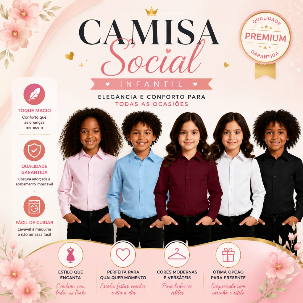 Camisa Social Feminina Infantil Manga Longa com Botões Clássica e Confortável - ENVIO IMEDIATO !!!