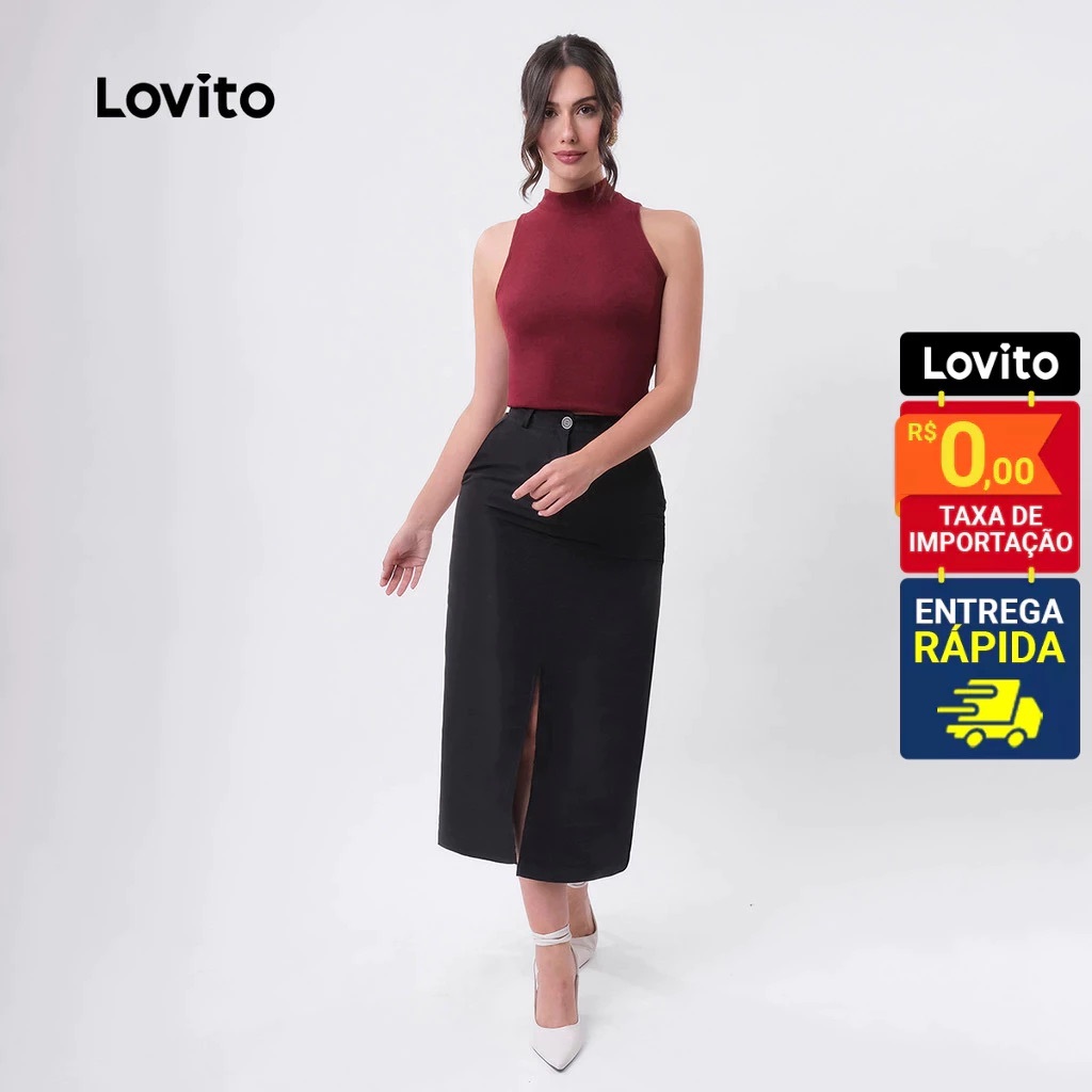 Lovito Saia Feminina Midi Reta Fenda Frontal Moda BRSKB413BRL442