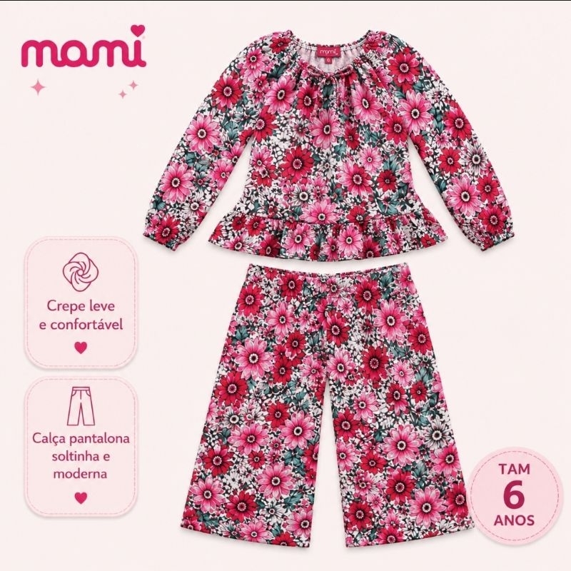 Conjunto Infantil Momi 6 Anos Bata Floral Calça Pantalona Crepe Original