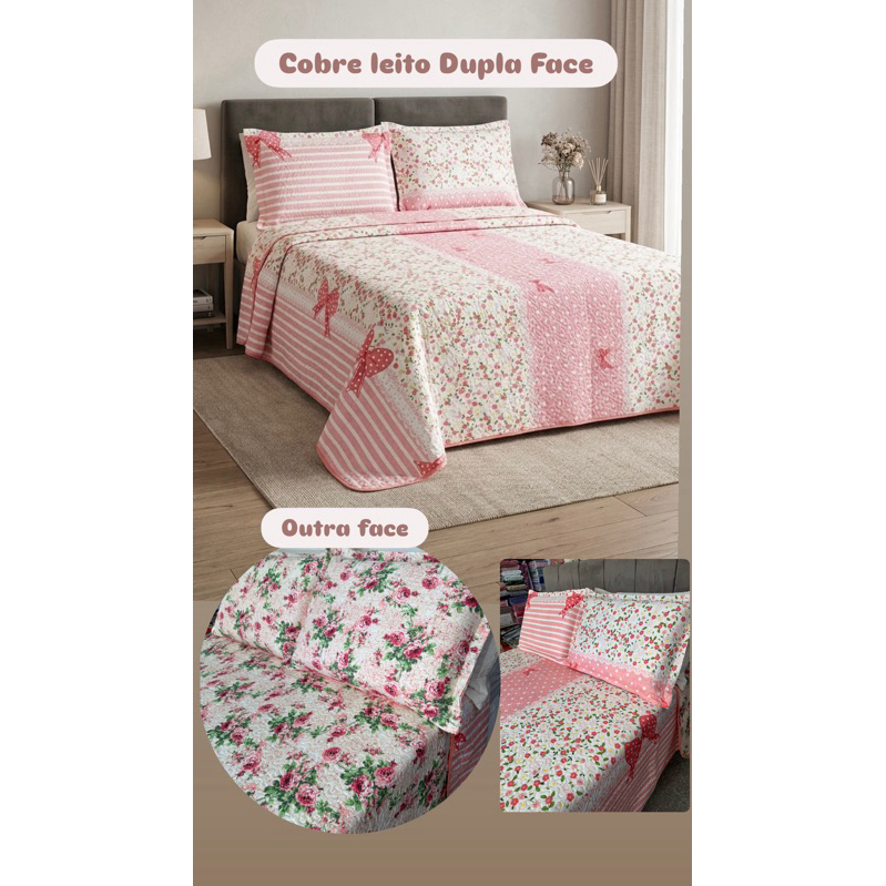 Jogo de Cama 3 Pcs Queen Colcha Cobre Leito Estampado Cama Casal Queen Dupla Face Fronhas C/Zíper Embutido 2,40 x 2,60