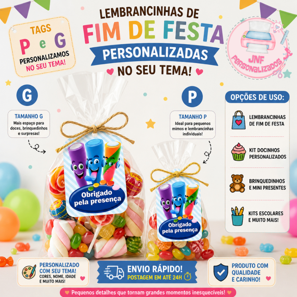 Tag Personalizada Doces Fini Nome e Idade | Tags Para Lembrancinhas Infantil | Festa Aniversário | Diversos Temas | Fini