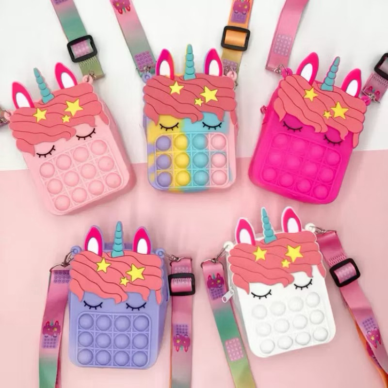 Bolsa Infantil Meninas Unicórnio Pop It Silicone Com Alça