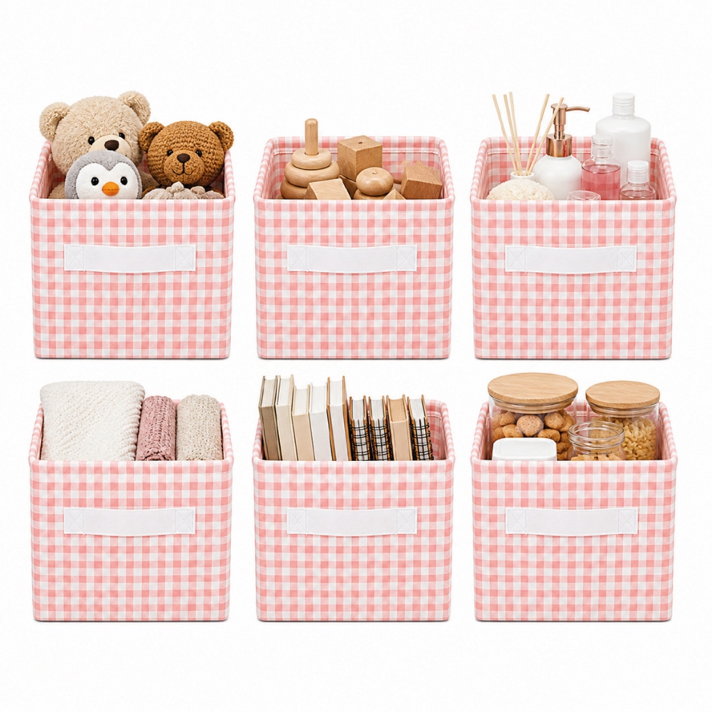 Kit 6 un. Caixa Cesto Organizador Dobrável Linho Organizador De Nicho Roupas Brinquedos | ROSA