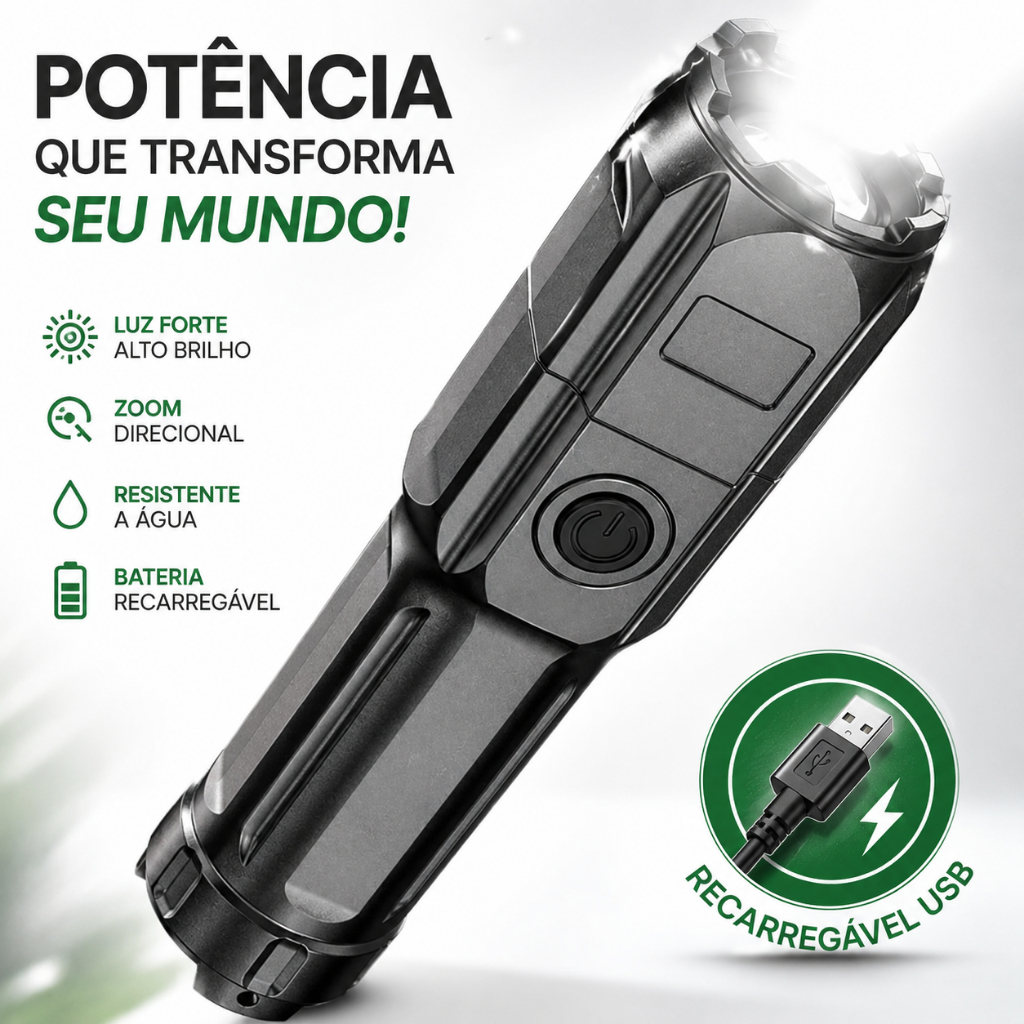 Lanterna Tática Potente Recarregável USB Led Luz Forte Com Zoom Direcional Resistente A Água