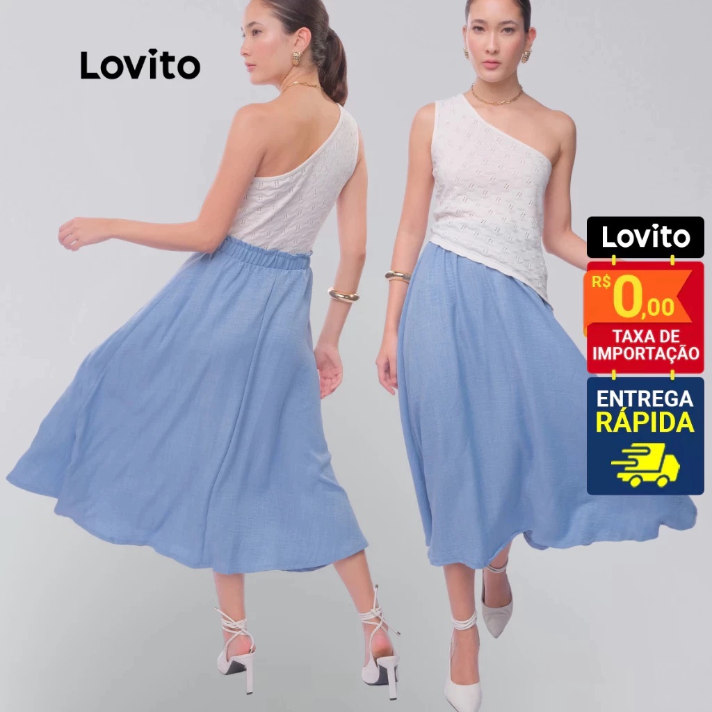 Lovito Saia Midi Elegante Rodada Azul Cintura Alta Feminina Casual Lisa BRSKB1051BRL108