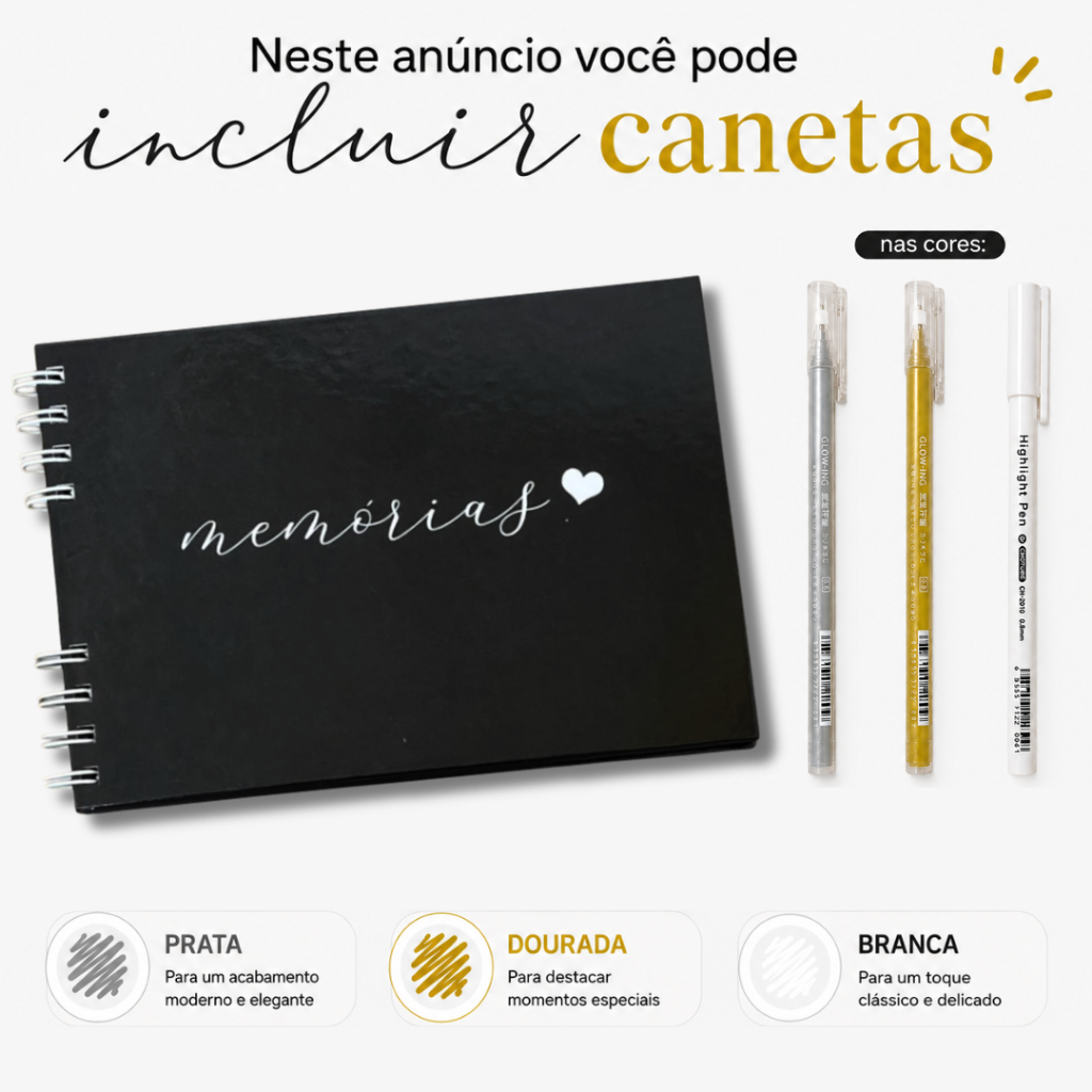 Caderno Scrapbook A5 Preto 180g com Caneta Branca | Álbum DIY, Presente Criativo, lettering
