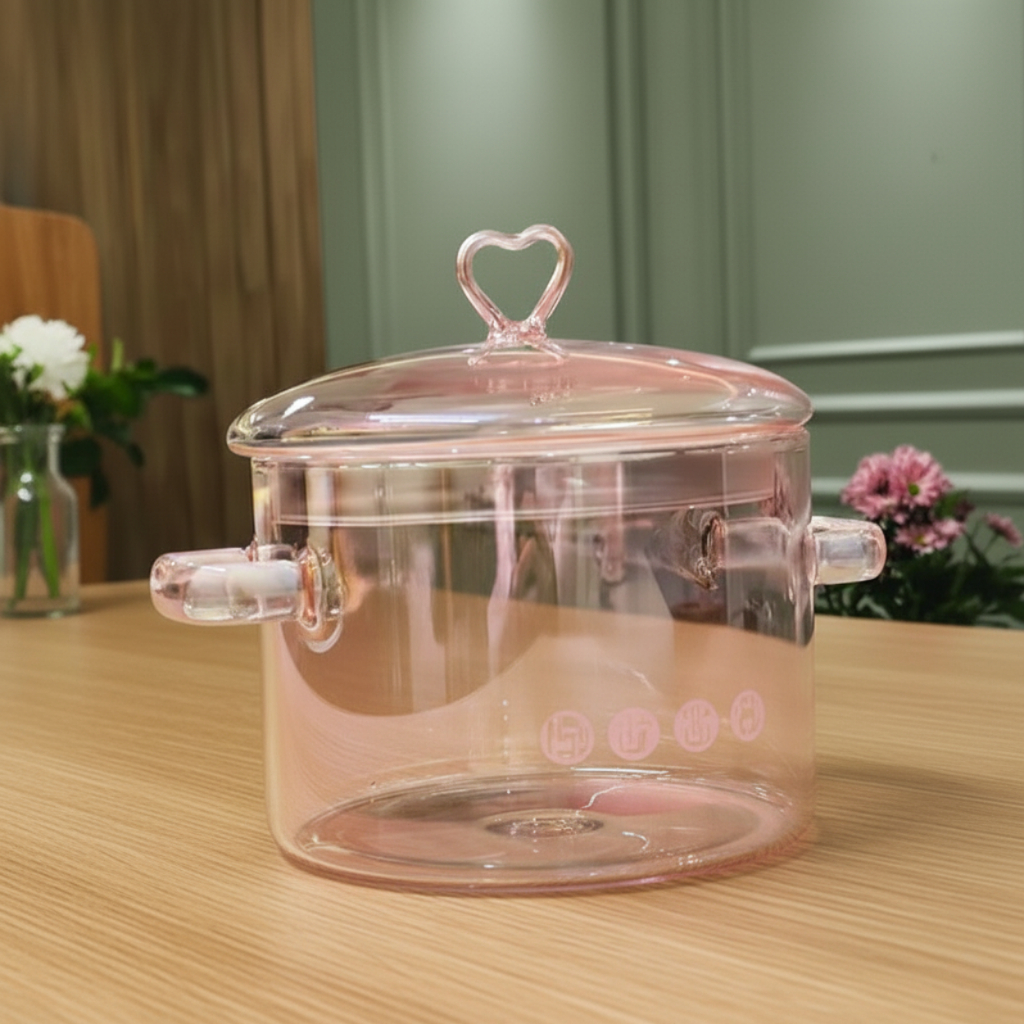 Panela de vidro rosa furta-cor panela de vidro 1.5L Com tampa coracao CHEF D