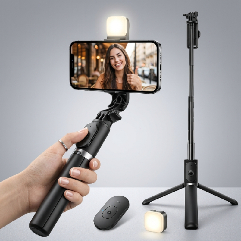 Tripé Selfie para Celular com Luz LED e Bluetooth, Bastão Ajustável Retrátil com Tripé Portátil e Controle Remoto, Compa