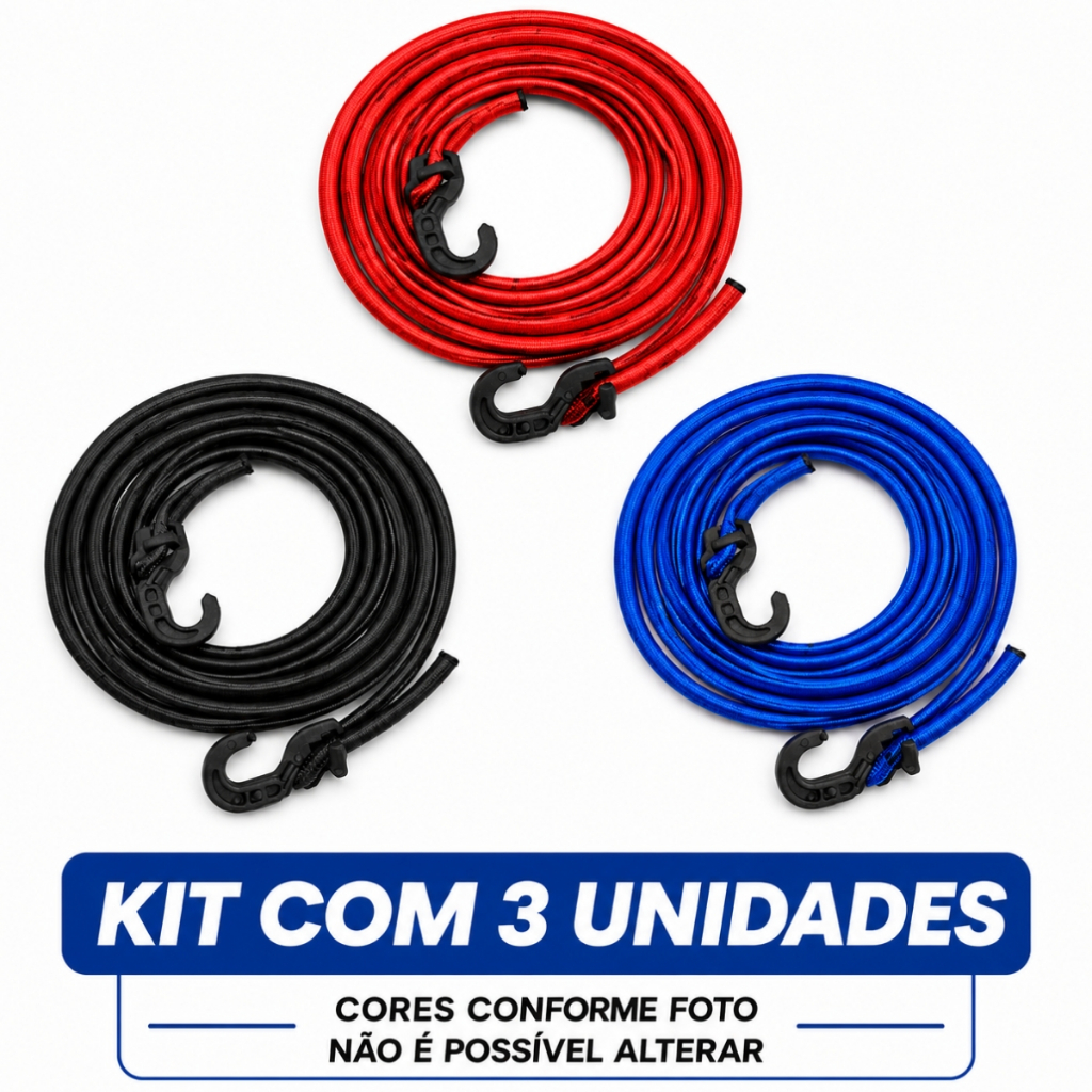 Corda elastica bagageiro kit 3 unidades moto fixar malas prender cargas delivery amarrar mochila