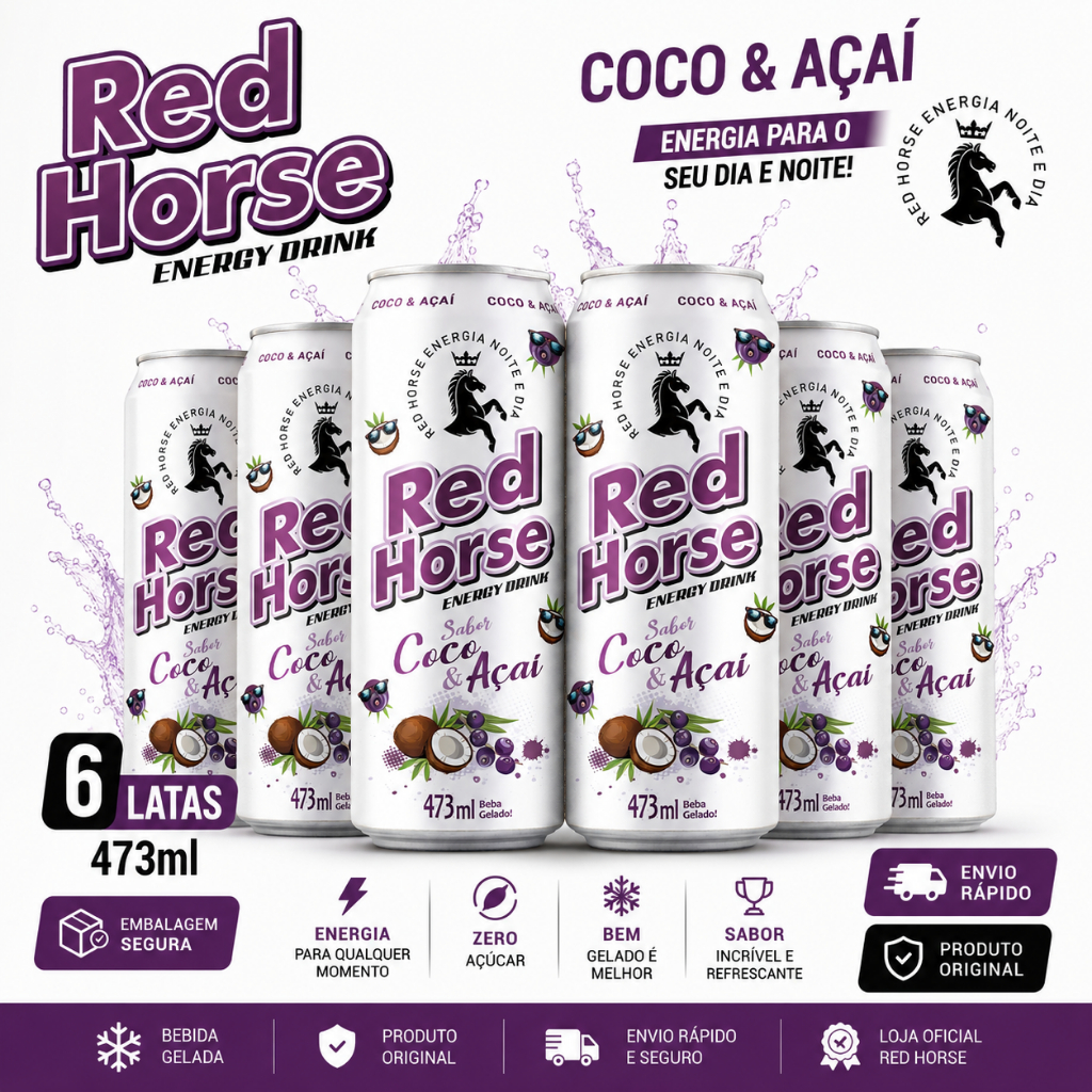 Energético Red Horse 473ml Coco e Açaí Lata Original Kit 6 12 24 Mais Energia