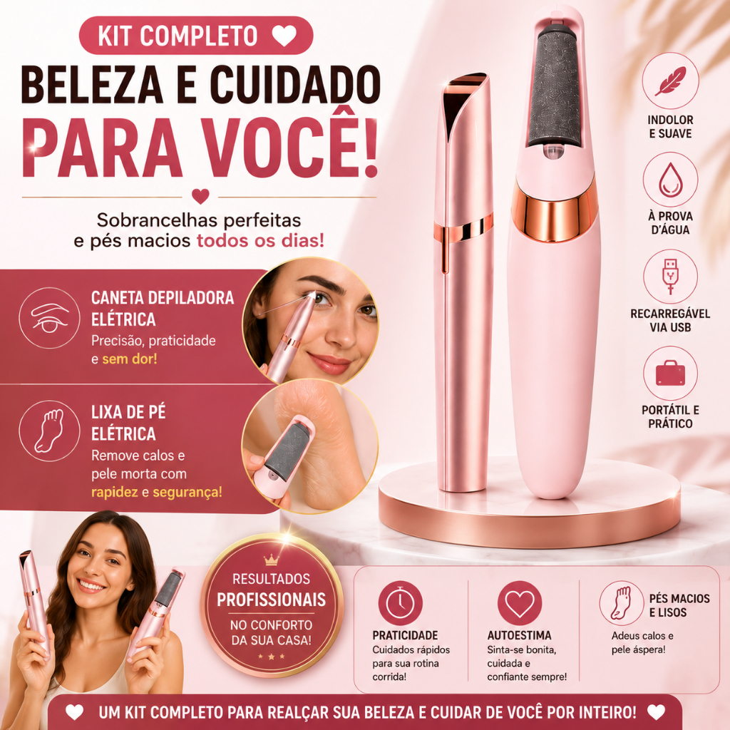 Kit Depilador Elétrico Feminino USB + Lixa de Pé Elétrica Recarregável Pedicure Profissional