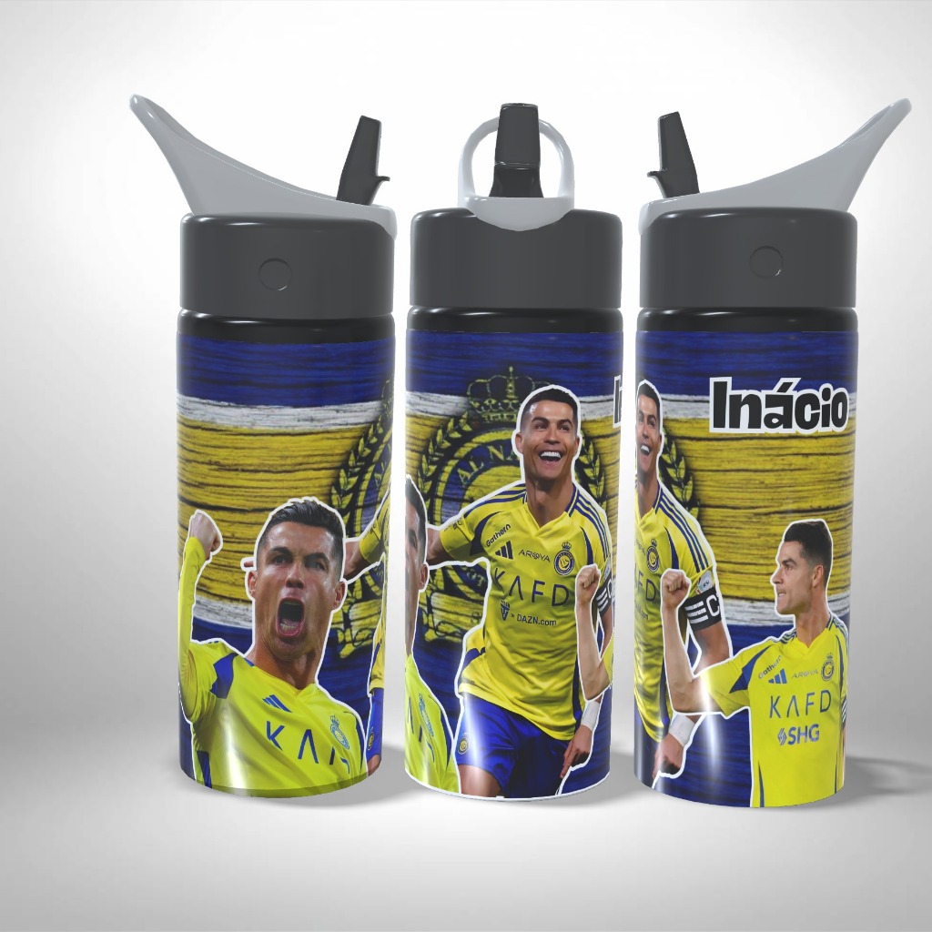 Garrafa Personalizada Cristiano Ronaldo CR7 Al-Nassr Football Club - Infantil Escolar Alumínio