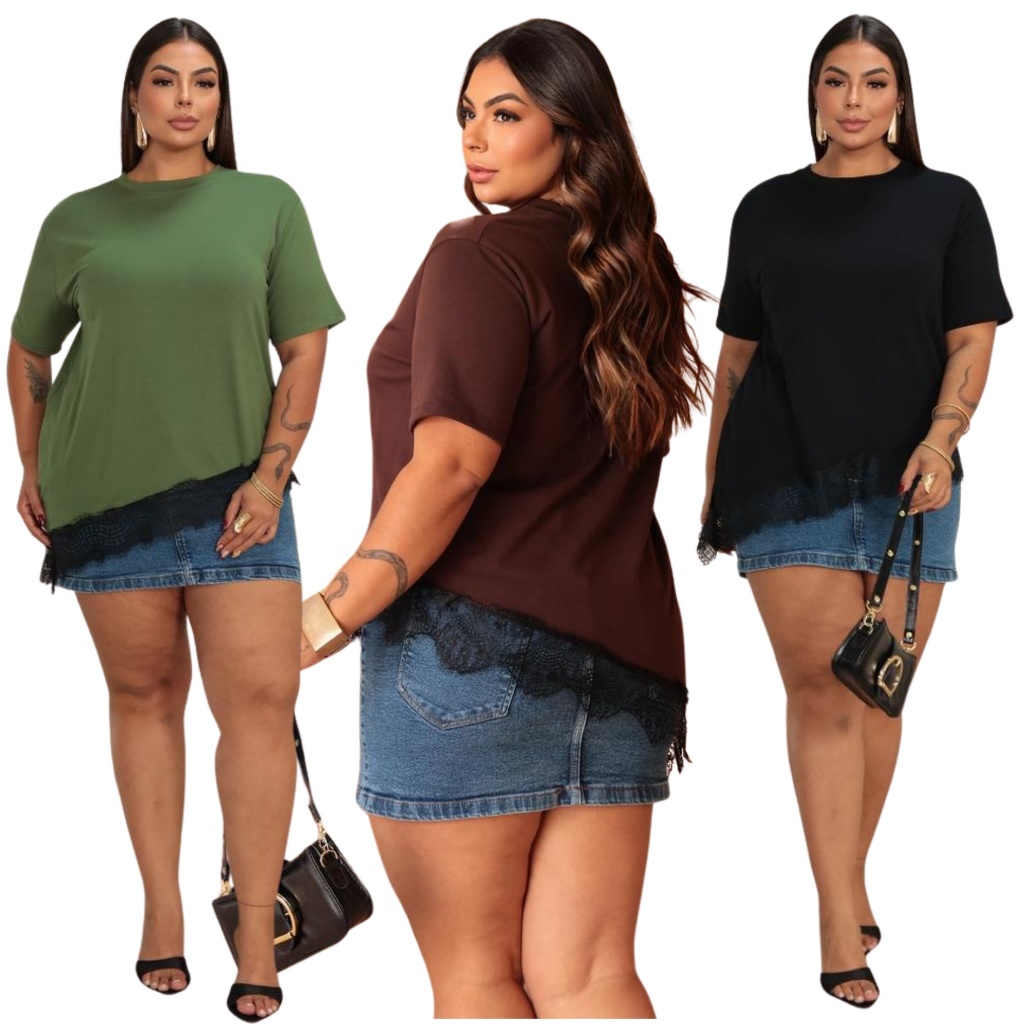 Blusa Feminina Plus Size Assimétrica Moletinho Premium com Renda Chantilly Elegante Moda Gringa Curvy G1