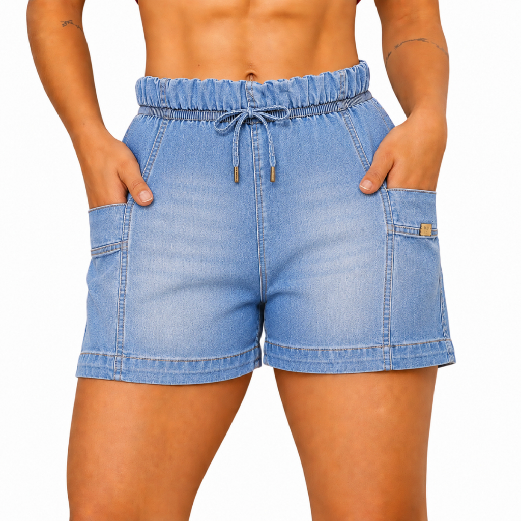 Bermuda jeans feminina soltinha, casual dia a dia com elástico na cintura, short feminino soltinho.