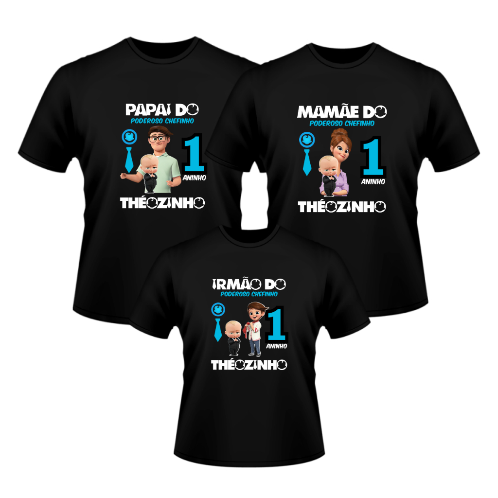 KIT 3 CAMISETAS PRETAS PERSONALIZADAS TEMA ANIVERSÁRIO PODEROSO CHEFINHO ADULTO PLUS SIZE E INFANTIL