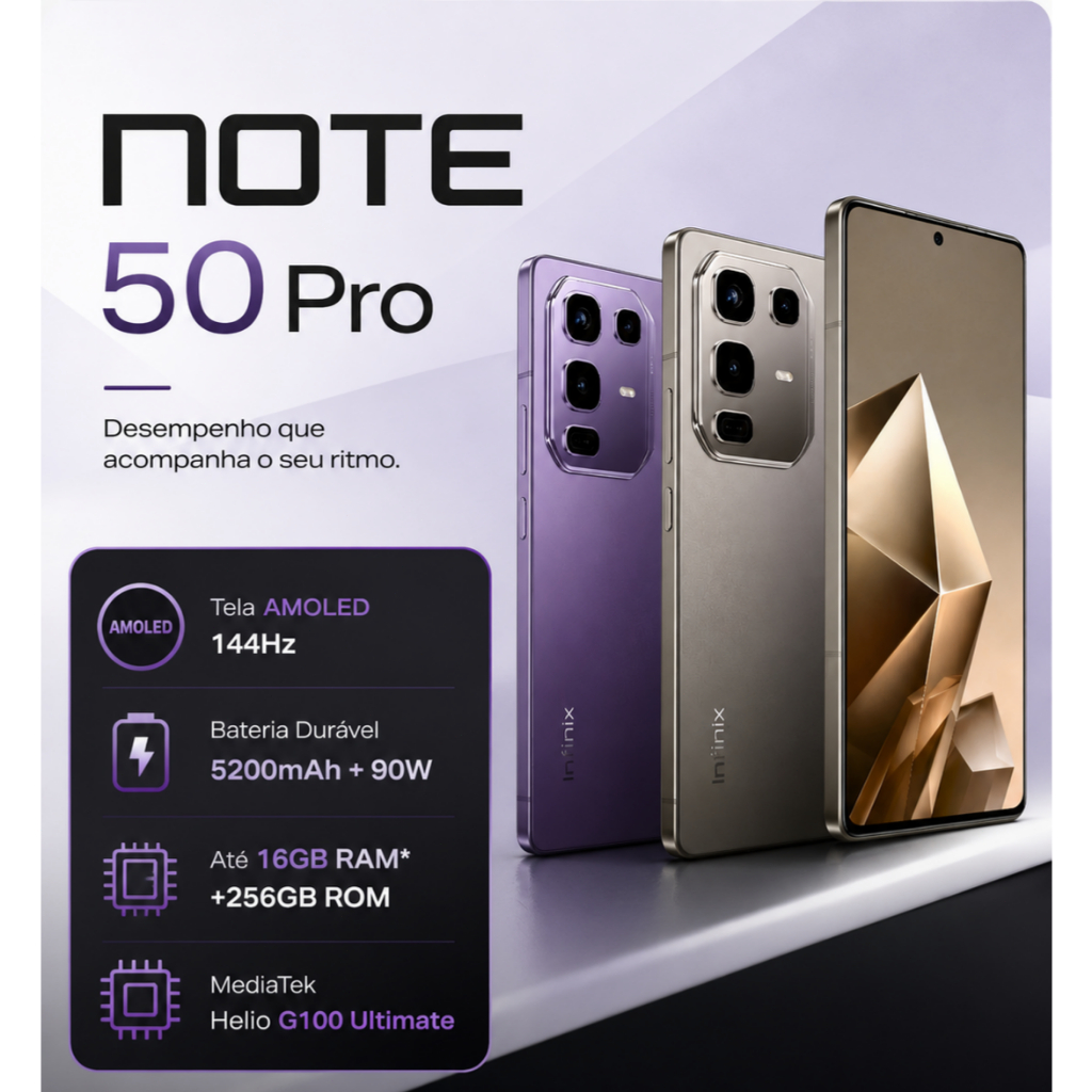 Infinix Note 50 Pro 4.5G NFC 256GB+8GB RAM Smartphone Sem Fio Bateria 5200mAh Dual SIM Celular Desbloqueado