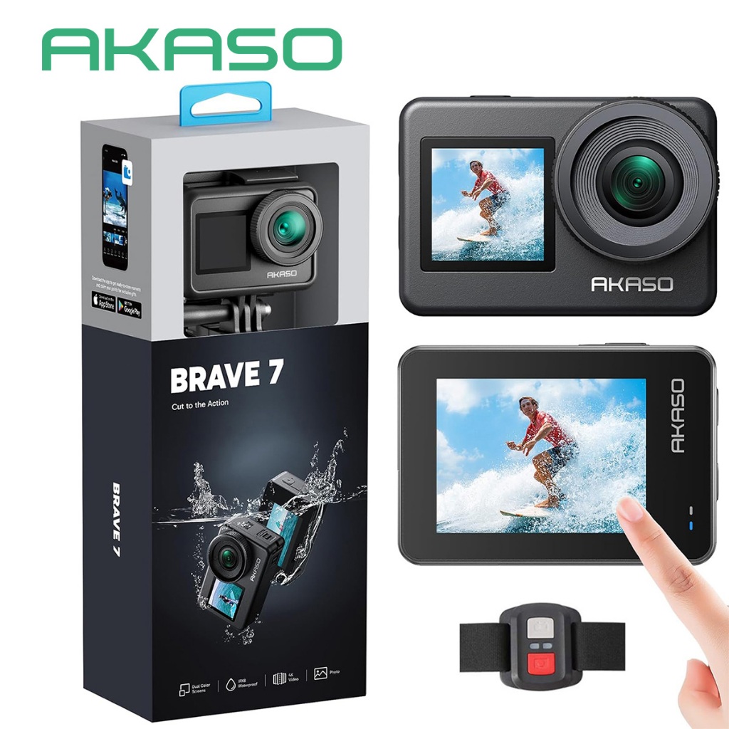 Câmera Ação AKASO Brave 7 4K60fps Tela Touch+Frontal IPX8 EIS 20MP Áudio Wi-Fi Controle Remoto