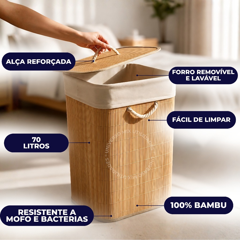 Cesto de Roupa de Bambu Dobrável Com Tampa e Alça 70 Litros Organizador Multiuso Com Forro · foto 2