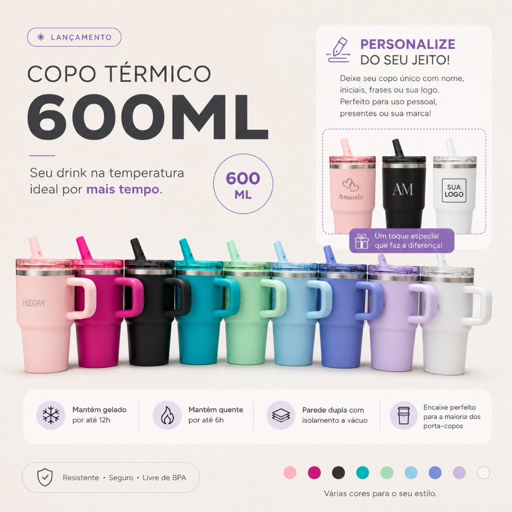 Copo Térmico 600ml Hiddra Inox Com Tampa e Canudo | Mantém Gelado 12h