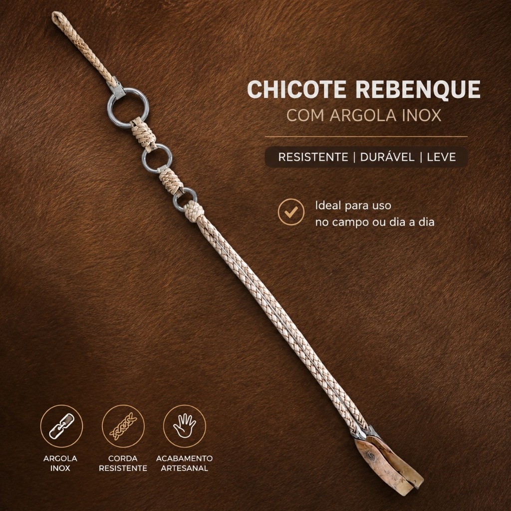 Chicote Rebenque couro cru Argola Inox Rebengue Produto De Qualidade
