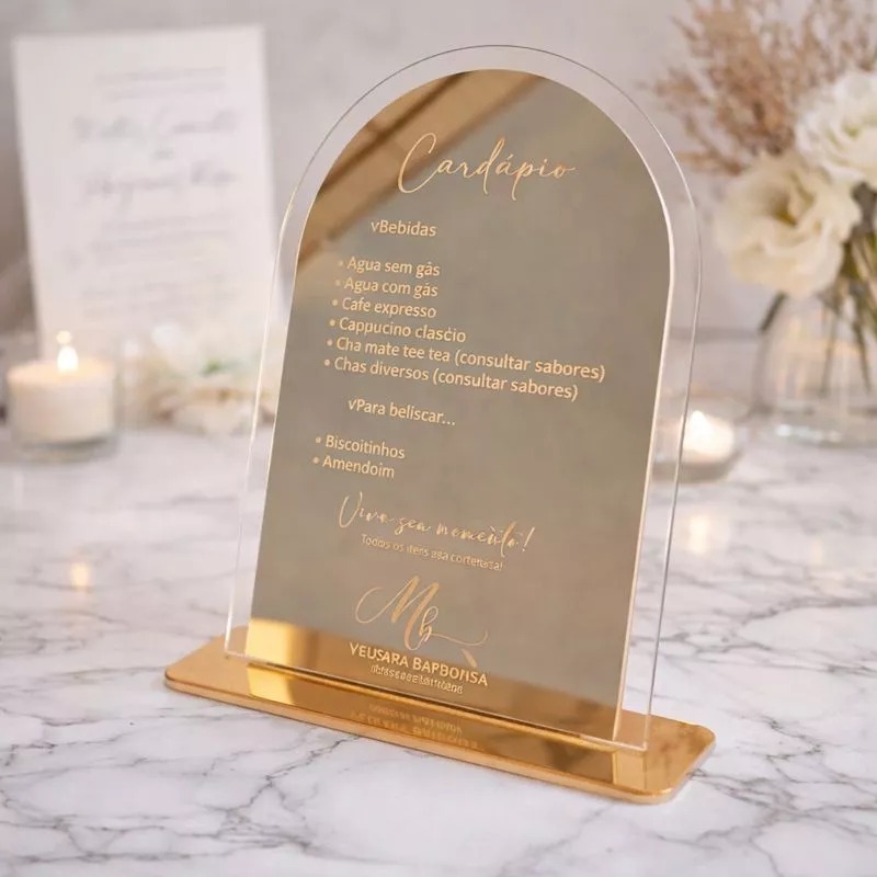 Menu cardápio Placa em Acrílico Espelhado Personalizado – Casamento, Eventos e restaurante