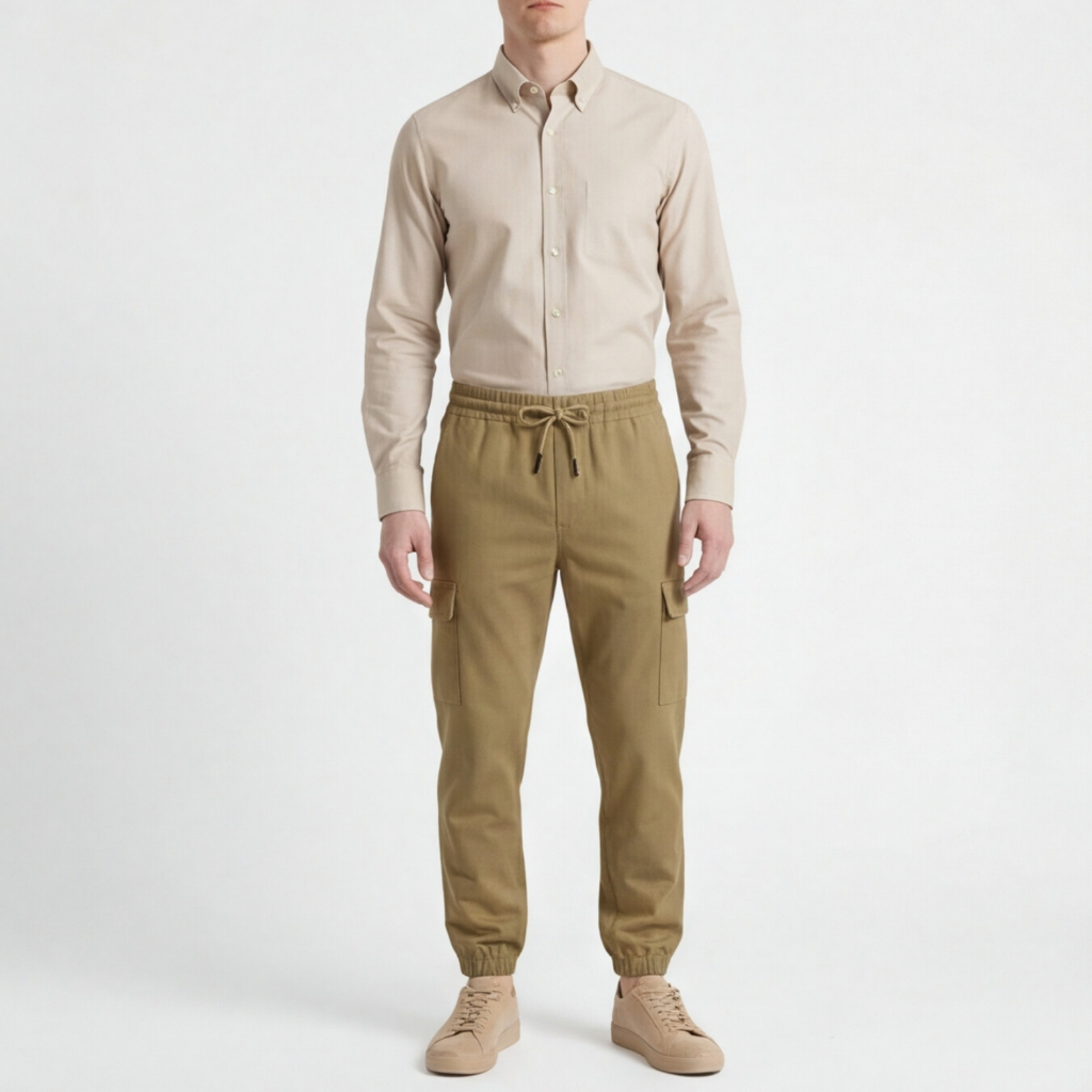 Calça Masculina Cargo Sarja Larga Jogger Cós Elástico Bolso Lateral Casual Promoção