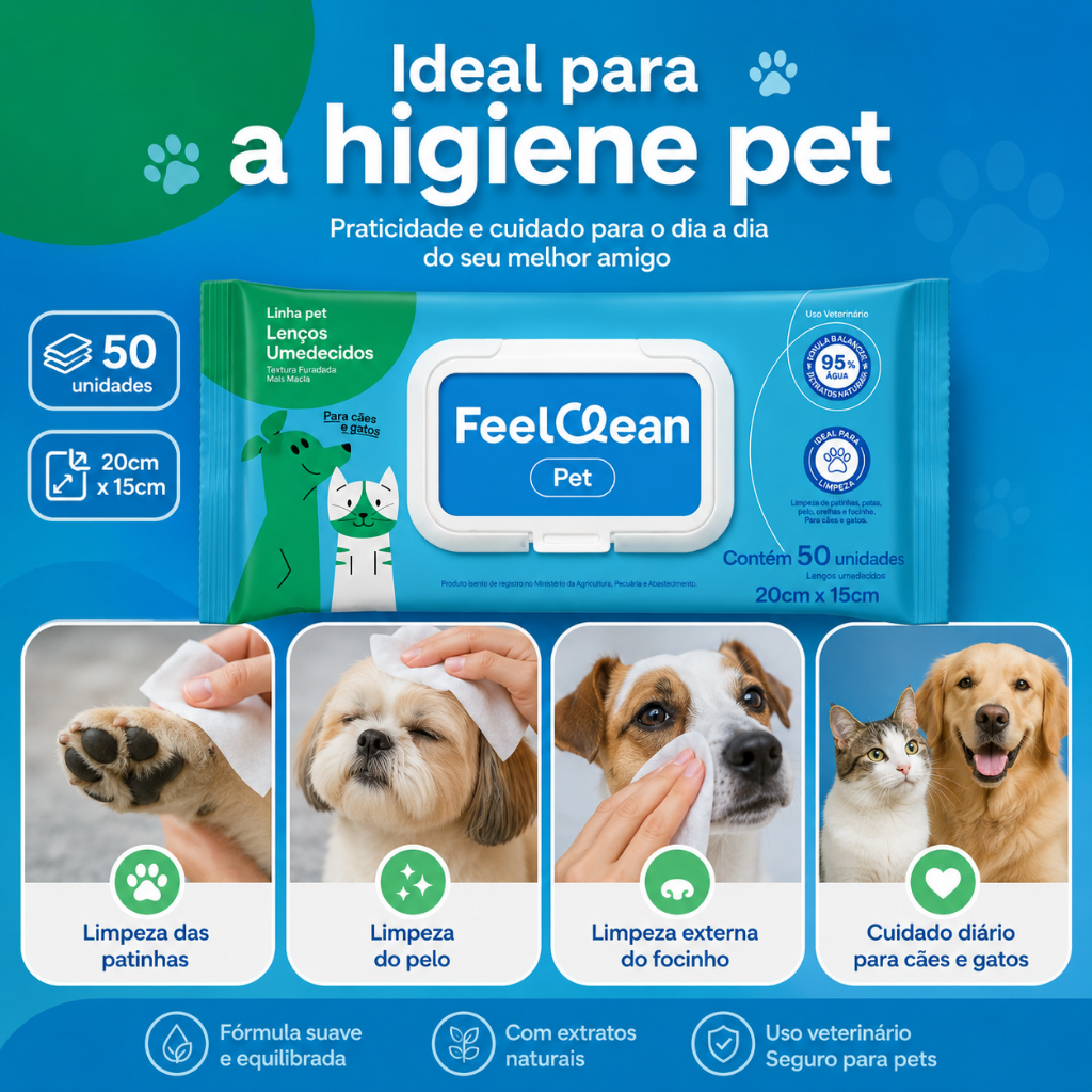 Lenços Umedecidos Pet FeelClean Cães e Gatos 50 Unidades Higiene Prática Sem Álcool