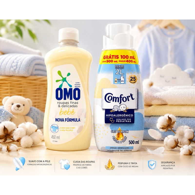 OMO Bebê Roupas Finas + Comfort Puro Cuidado Amaciante