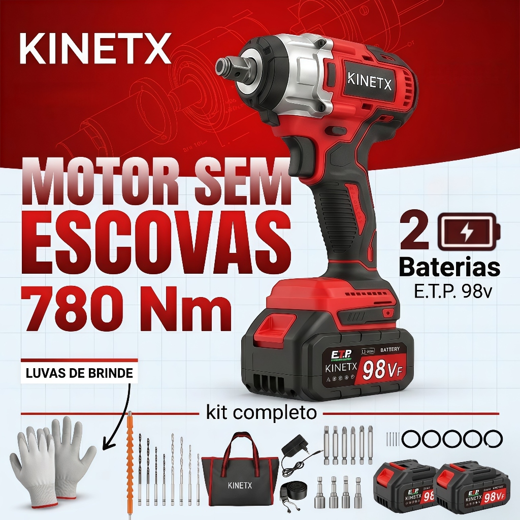 Chave de Impacto 780Nm Elétrica Sem Fio KINETX Motor Brushless 2 Baterias 98Vf Kit Profissional com 41 Peças