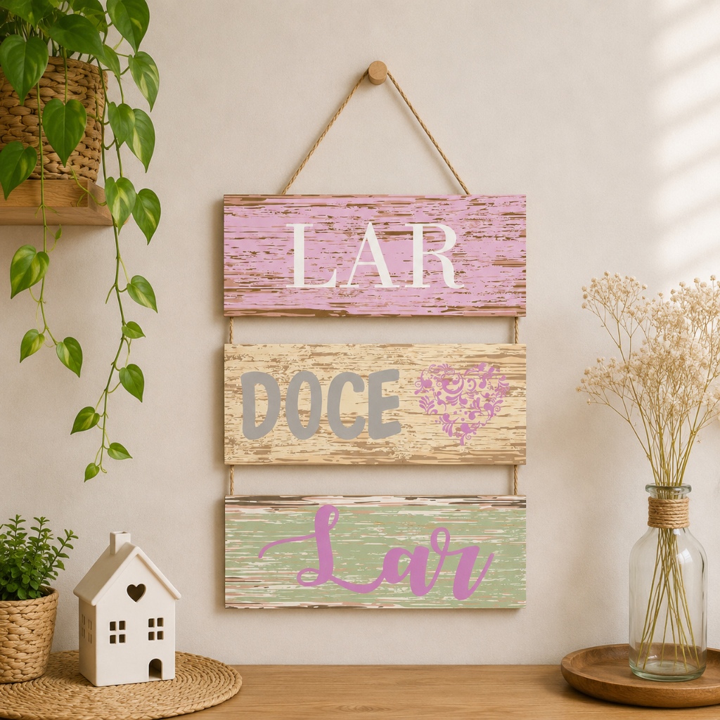 Placa Decorativa MDF Lar Doce Lar com Corda Sisal Rustica Para Sala Cozinha Entrada Casa