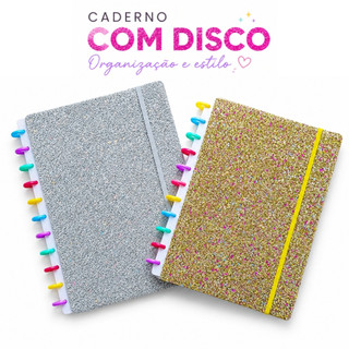 Caderno Com Disco Glitter A4 Carderno Universitário 11 Discos Capa Dura 4 Divisórias Dourado/Prata