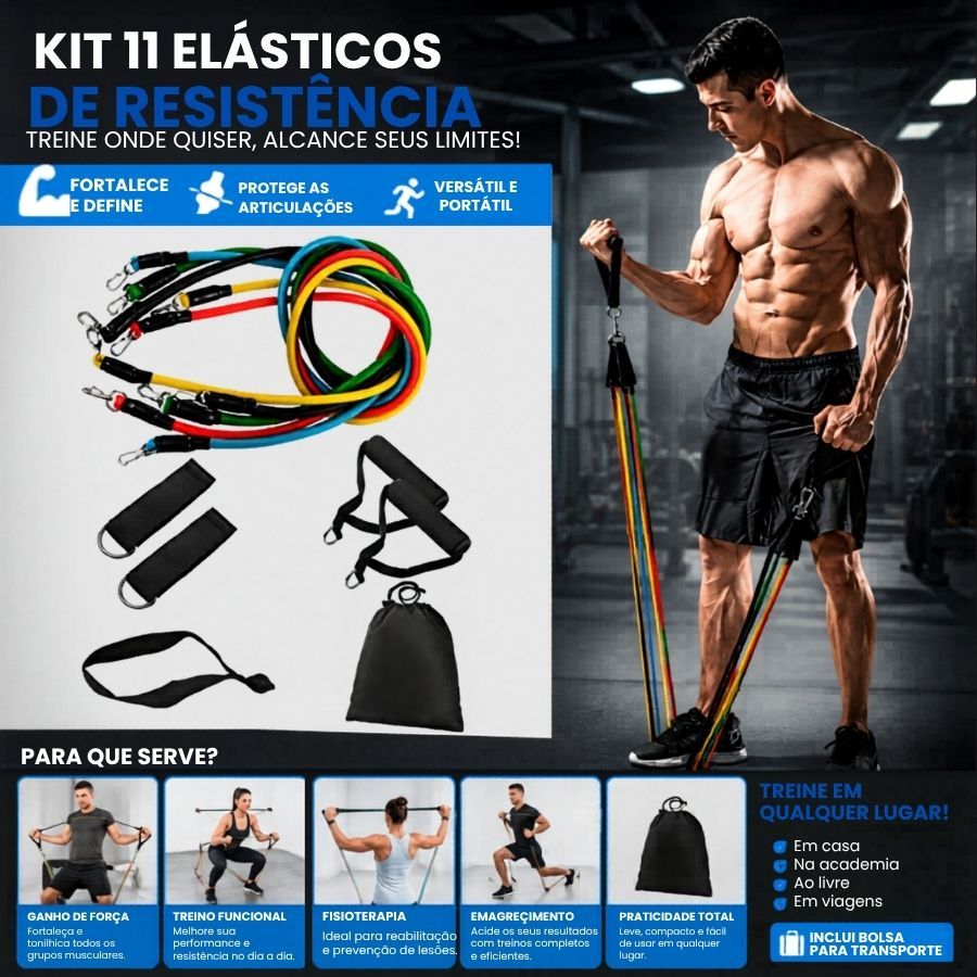 Kit 11 Elastico Extensor Treino Funcional Academia Em Casa Ginastica