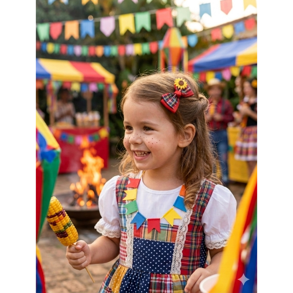 Par de Bico de Pato Laço infantil Xadrez com detalhe Flor Festa Junina